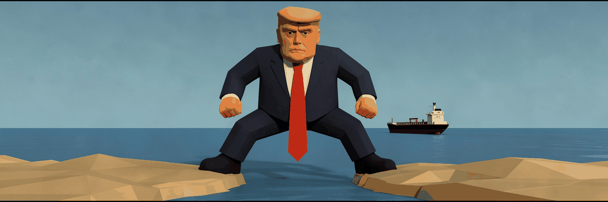 A hugely oversized cartoon caricature of a man in a dark suit and long red tie stands straddling a narrow strait, one shoe planted on each rocky shore, with a small red-hulled tanker wedged sideways between his ankles in the flat blue water below